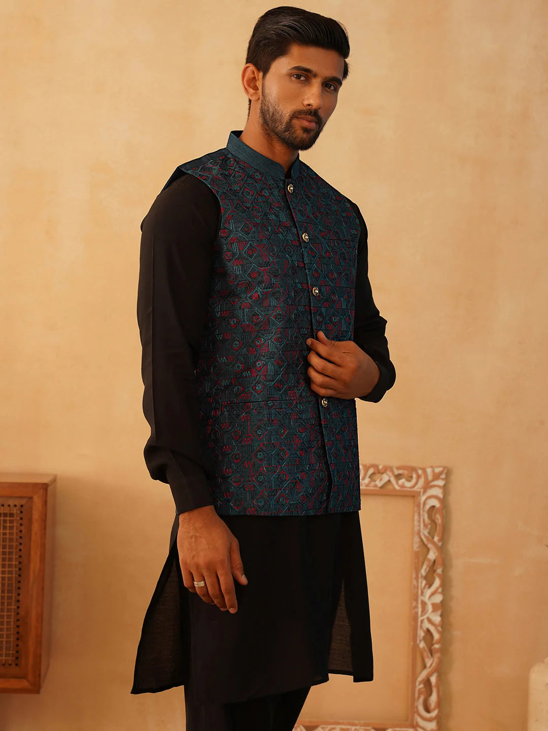 Teal Embroidered Nehru Jacket Kurta Pajama | Mens Pathani Set