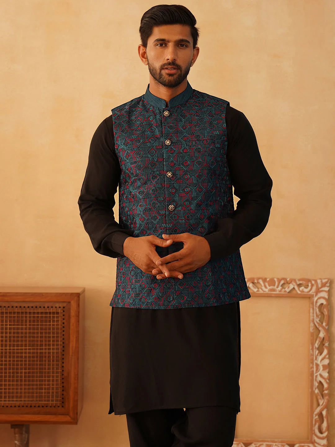 Teal Embroidered Nehru Jacket Kurta Pajama | Mens Pathani Set