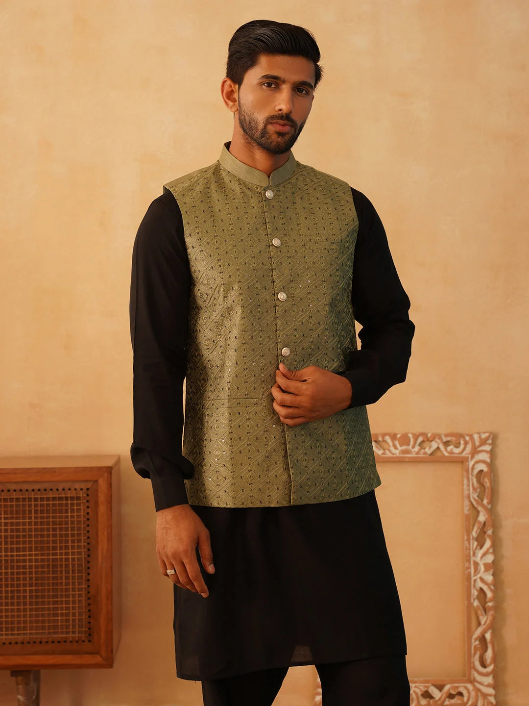 Olive Embroidered Nehru Jacket Mens Kurta Pajama Set