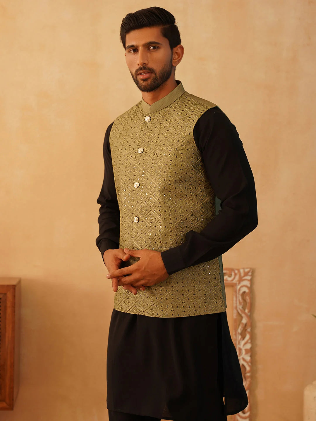 Olive Embroidered Nehru Jacket Mens Kurta Pajama Set