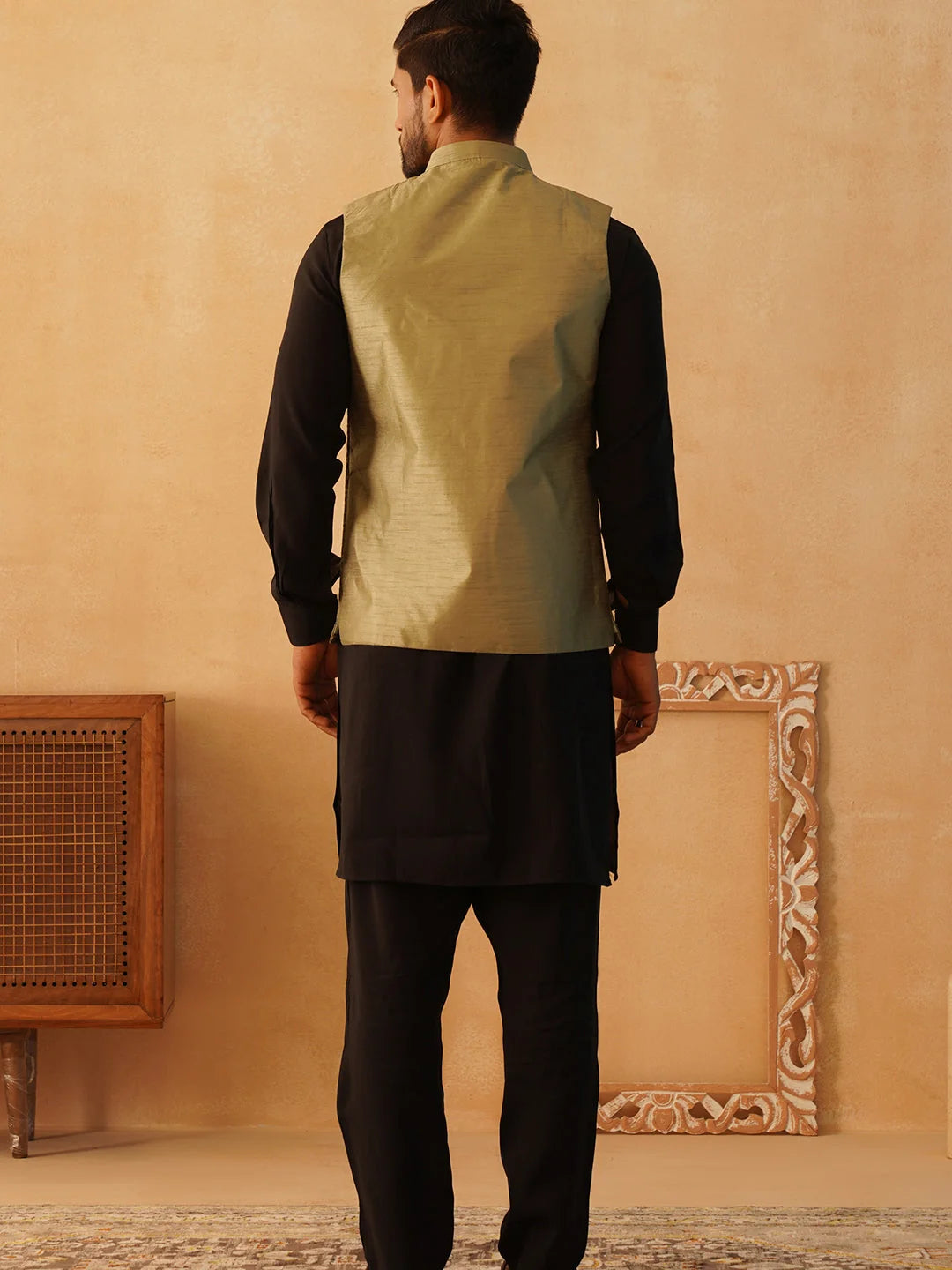 Olive Embroidered Nehru Jacket Mens Kurta Pajama Set