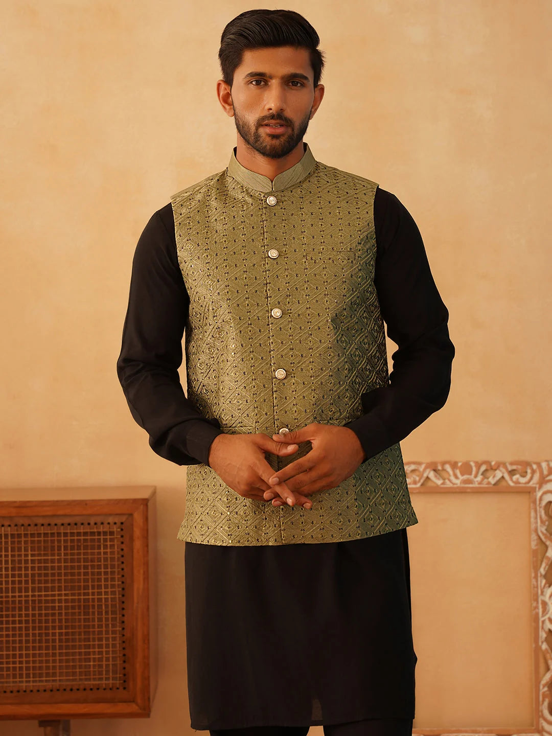 Olive Embroidered Nehru Jacket Mens Kurta Pajama Set