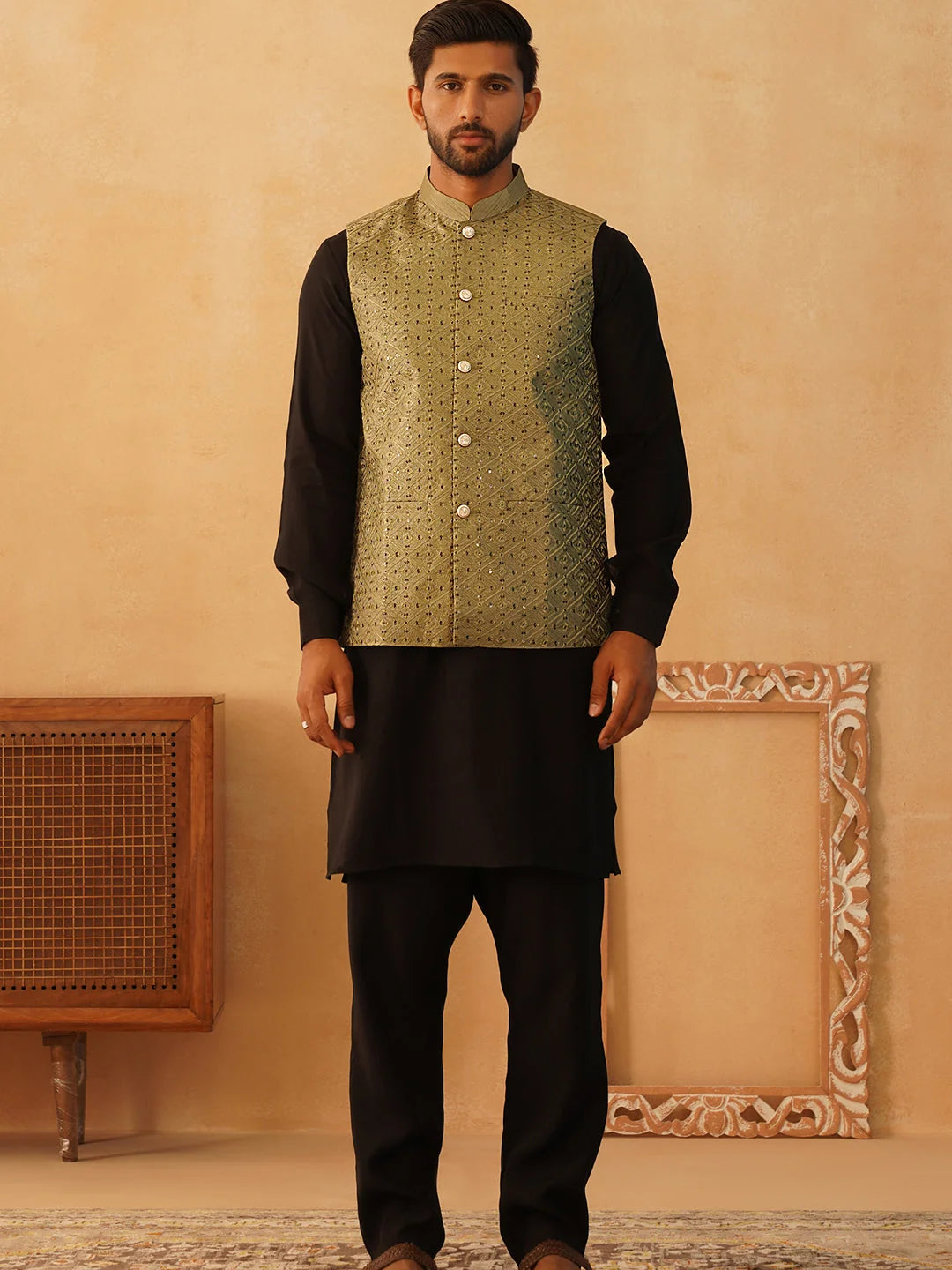 Olive Embroidered Nehru Jacket Mens Kurta Pajama Set