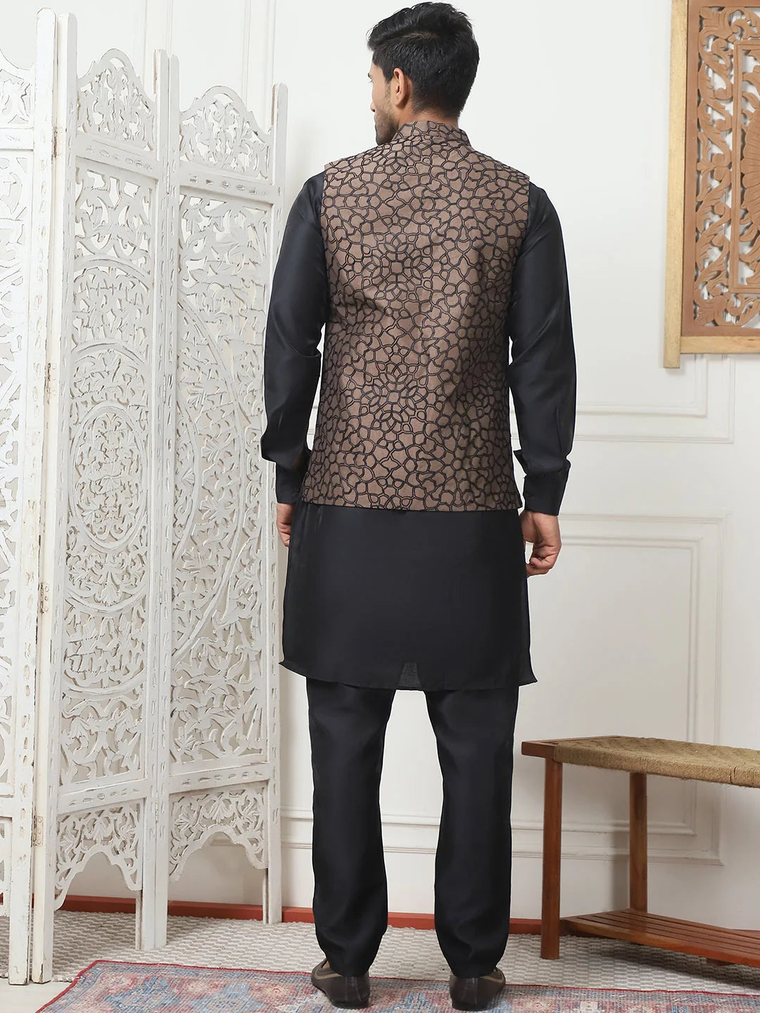Brown Embroidered Nehru Jacket Mens Kurta Pajama Set