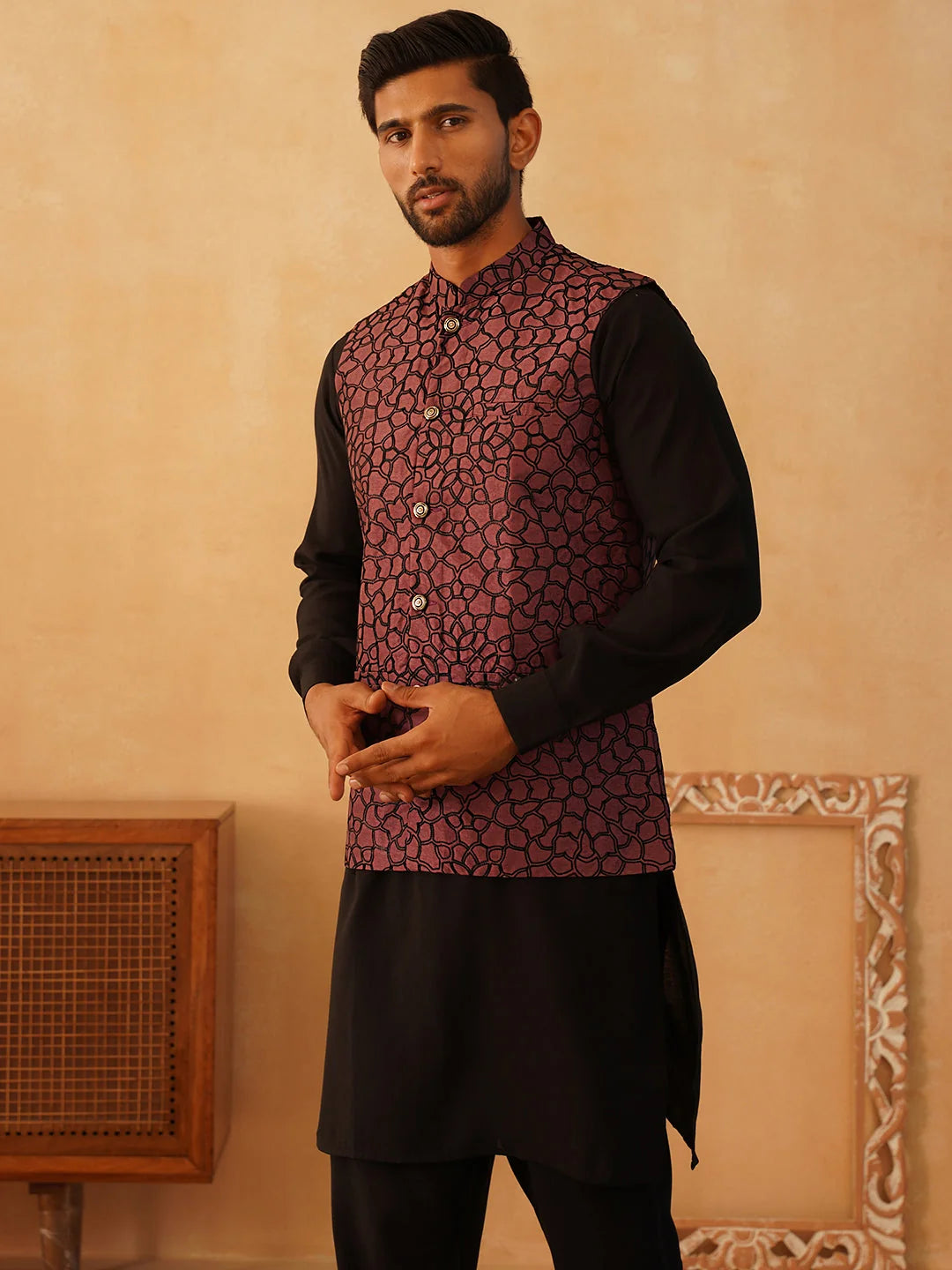 Coral Embroidered Nehru Jacket Kurta Pajama Set | Silk Blend