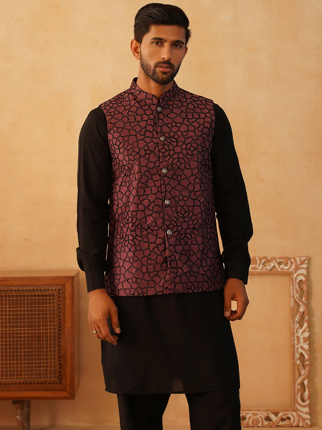 Coral Embroidered Nehru Jacket Kurta Pajama Set | Silk Blend