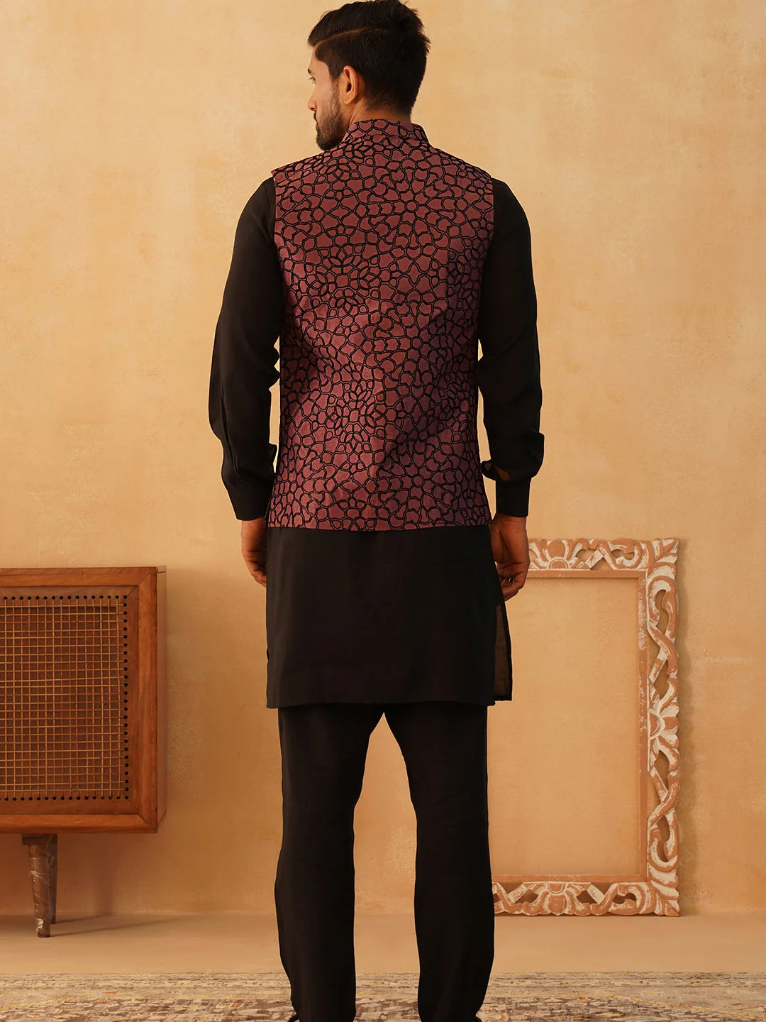 Coral Embroidered Nehru Jacket Kurta Pajama Set | Silk Blend