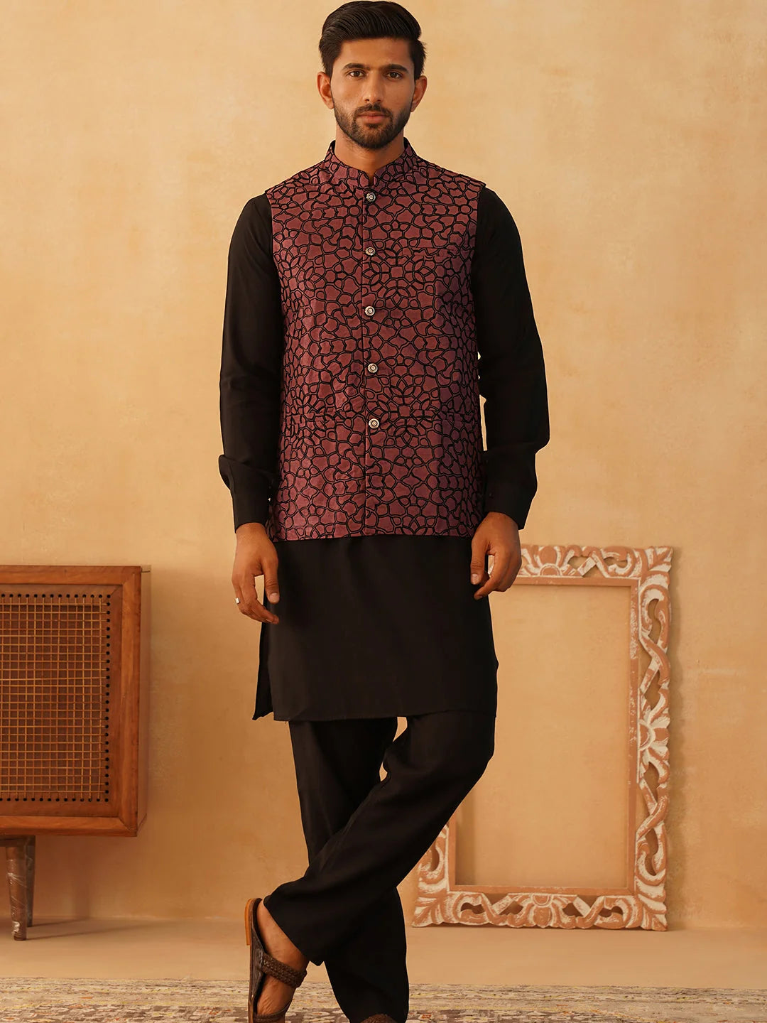 Coral Embroidered Nehru Jacket Kurta Pajama Set | Silk Blend