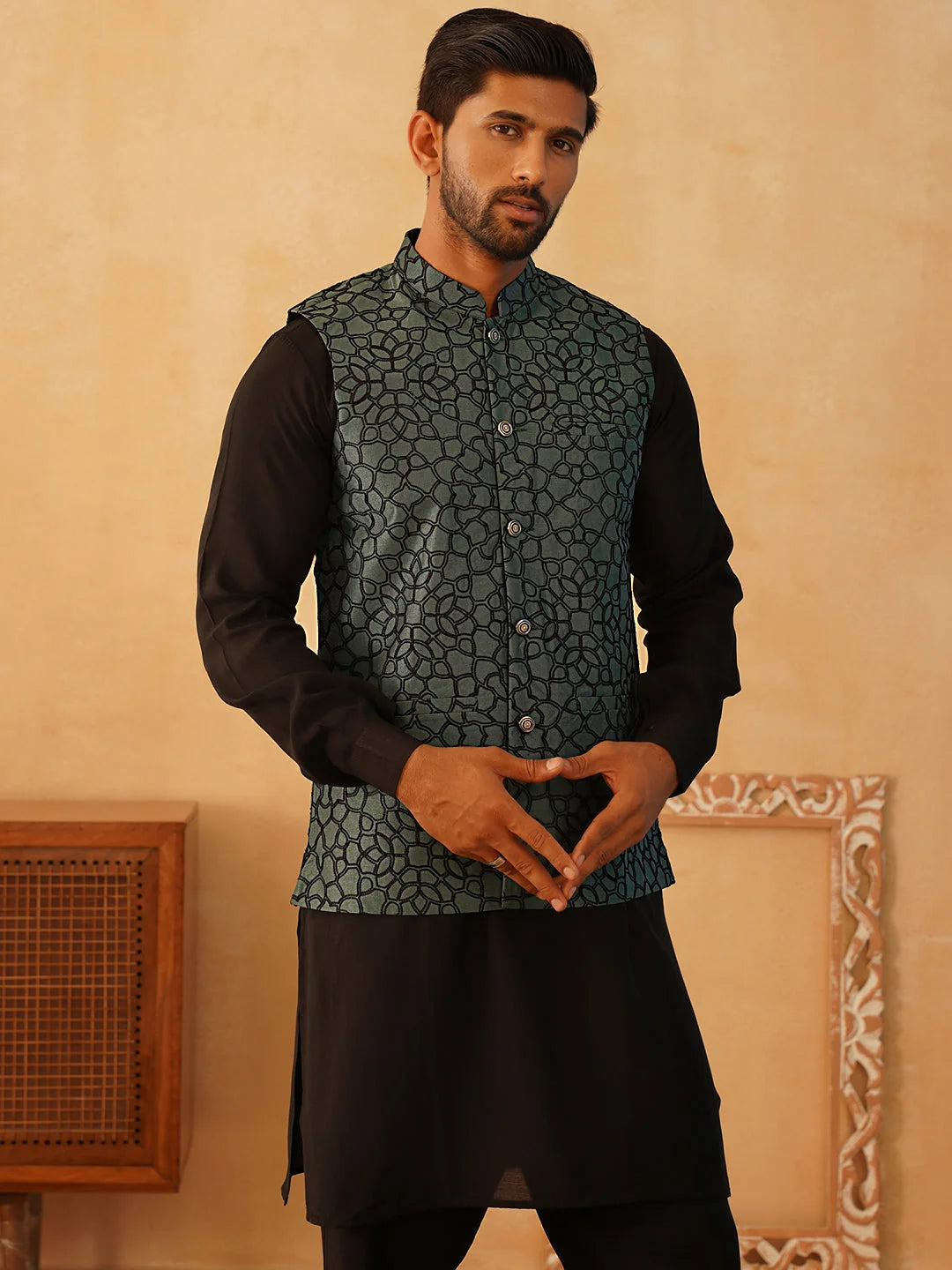 Embroidered Nehru Jacket With Solid Kurta Pyjama Set-JOKPWC-5922B