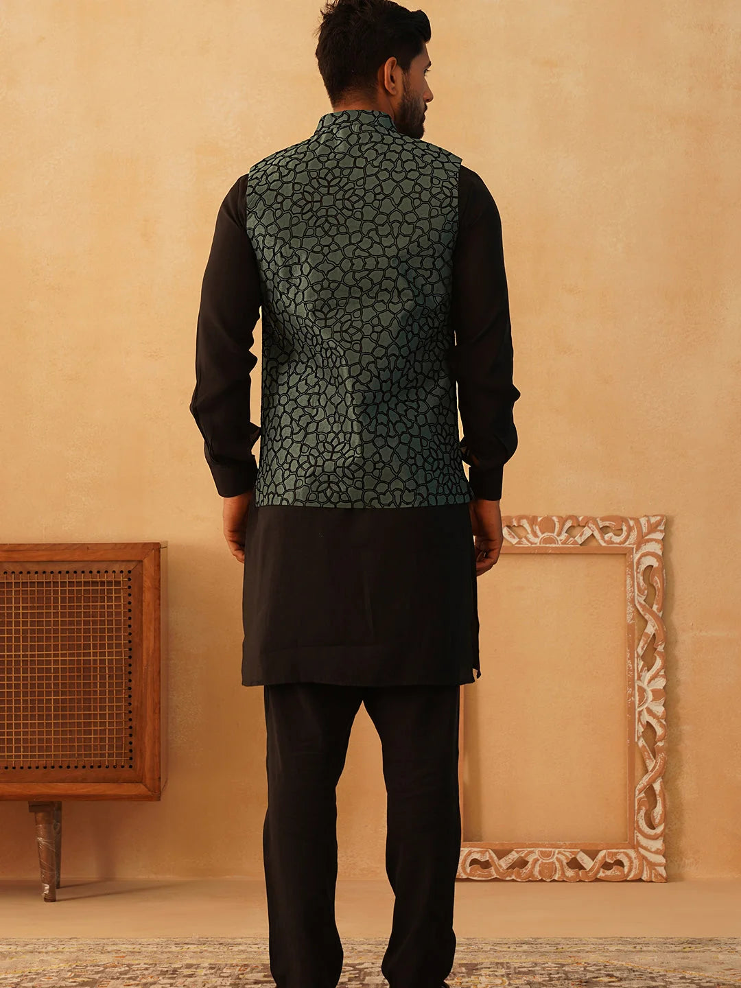 Teal Embroidered Nehru Jacket Mens Kurta Pajama Set | Silk