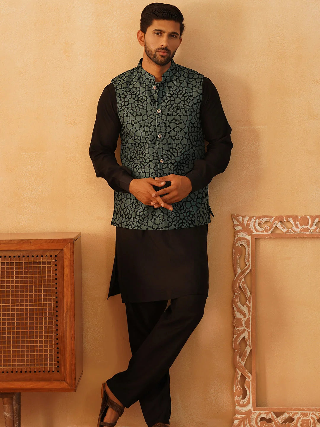 Teal Embroidered Nehru Jacket Mens Kurta Pajama Set | Silk