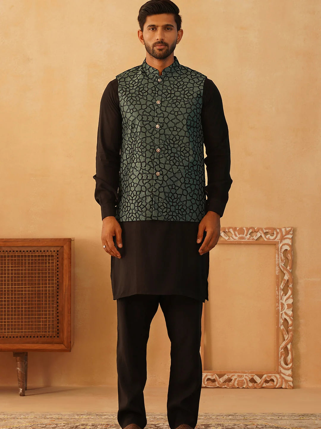 Teal Embroidered Nehru Jacket Mens Kurta Pajama Set | Silk