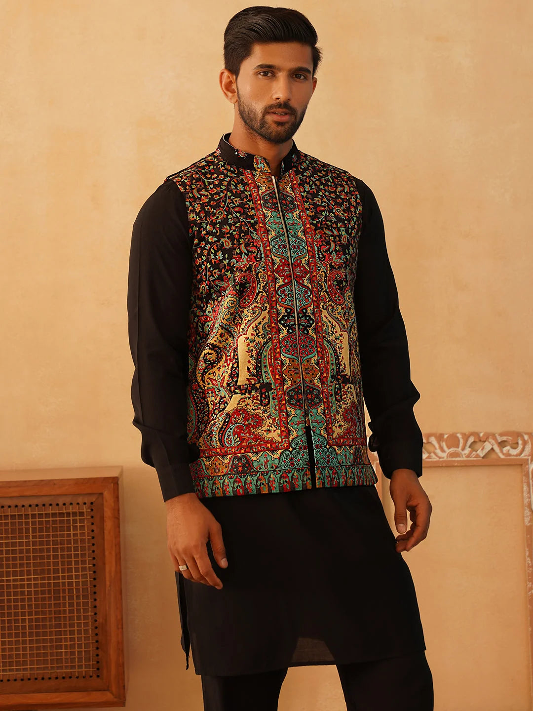 Paisley Nehru Jacket Mens Kurta Pajama Set | Velvet Black