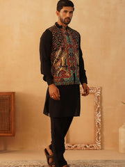 Paisley Printed Nehru Jacket With Solid Kurta Pyjama Set-JOKPWC-592B