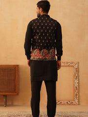 Paisley Printed Nehru Jacket With Solid Kurta Pyjama Set-JOKPWC-592B