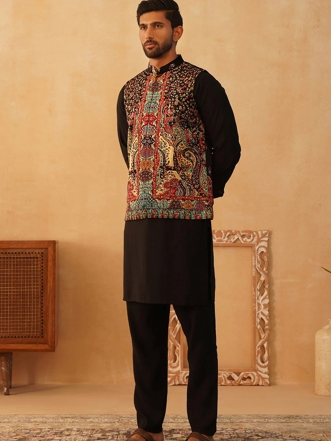 Paisley Nehru Jacket Mens Kurta Pajama Set | Velvet Black