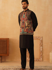 Paisley Printed Nehru Jacket With Solid Kurta Pyjama Set-JOKPWC-592B