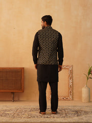 Embroidered Nehru Jacket With Solid Kurta Pyjama Set ( JOKPWC 592B 4109Black )
