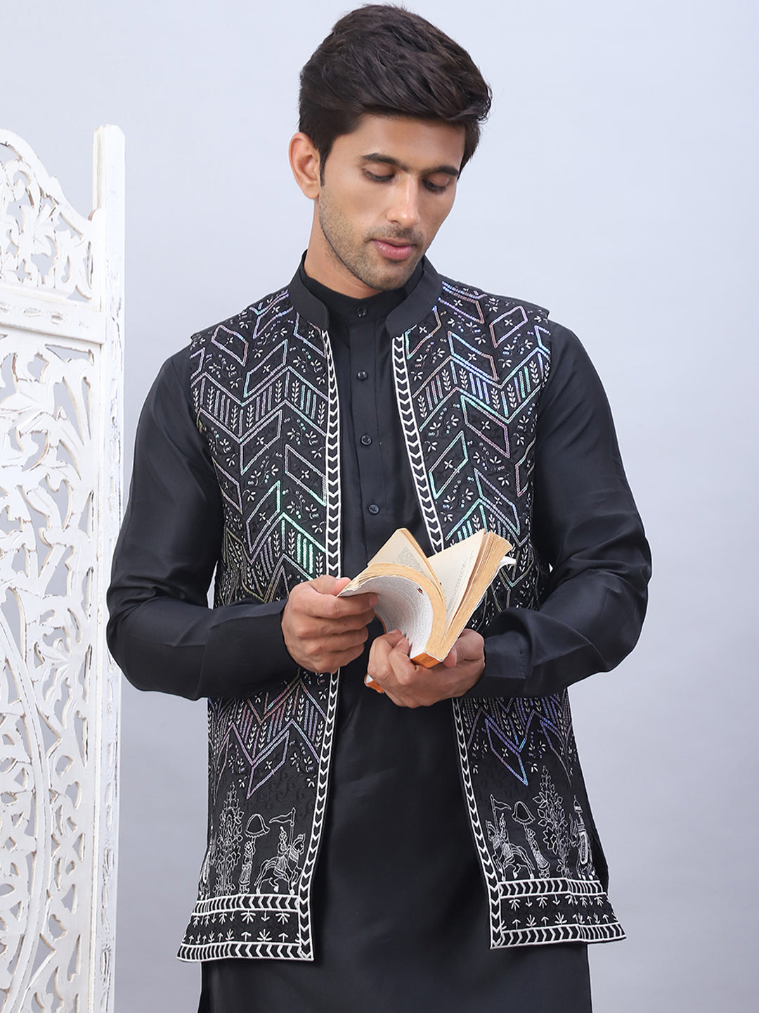 Embroidered Nehru Jacket With Solid Kurta Pyjama Set-JOKPWC-592