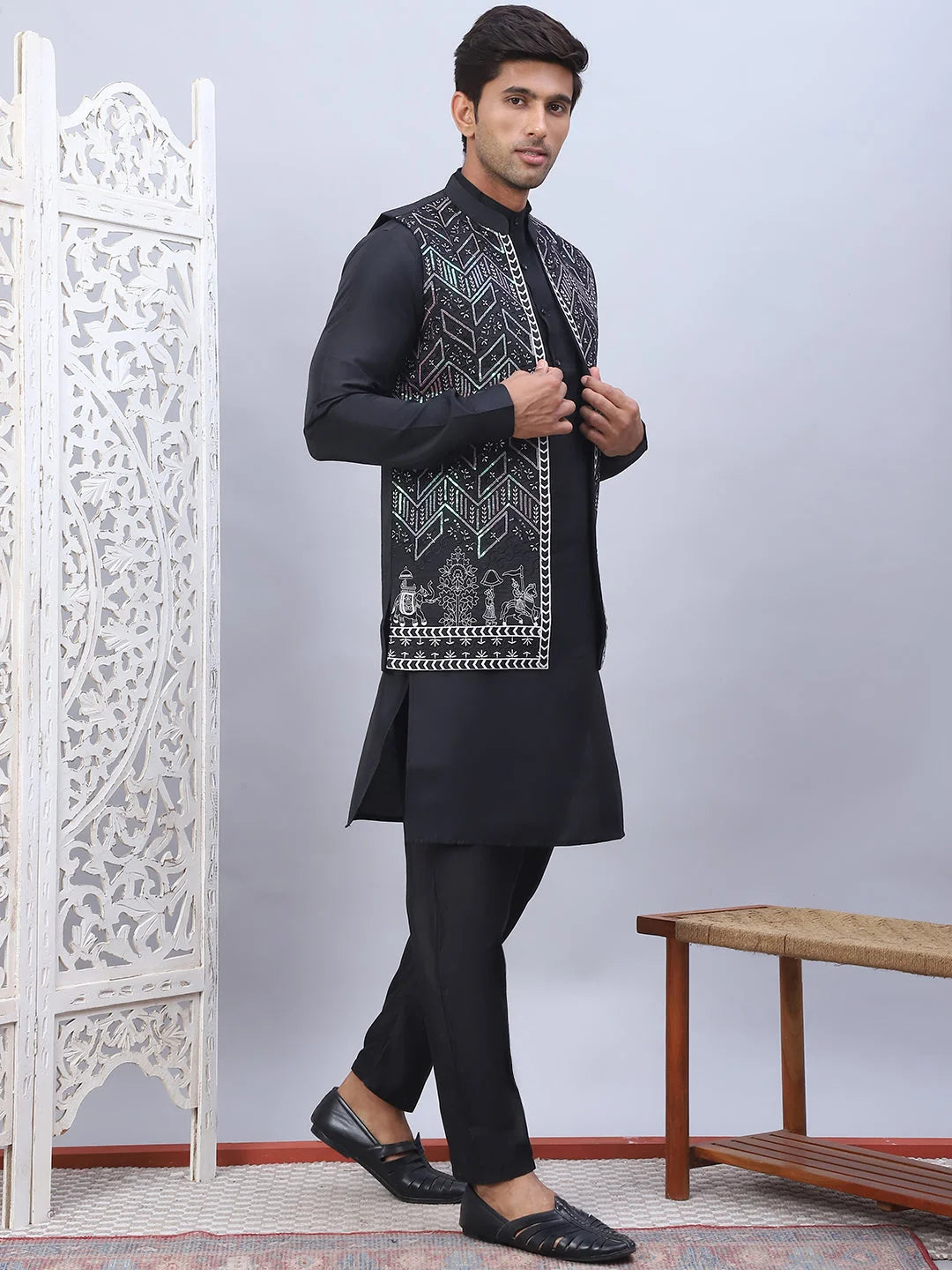 Black Embroidered Nehru Jacket Mens Kurta Pajama Set | Solid