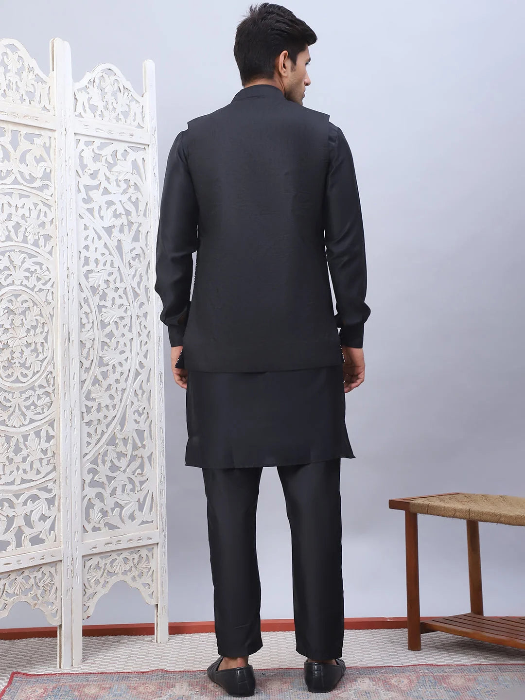 Black Embroidered Nehru Jacket Mens Kurta Pajama Set | Solid