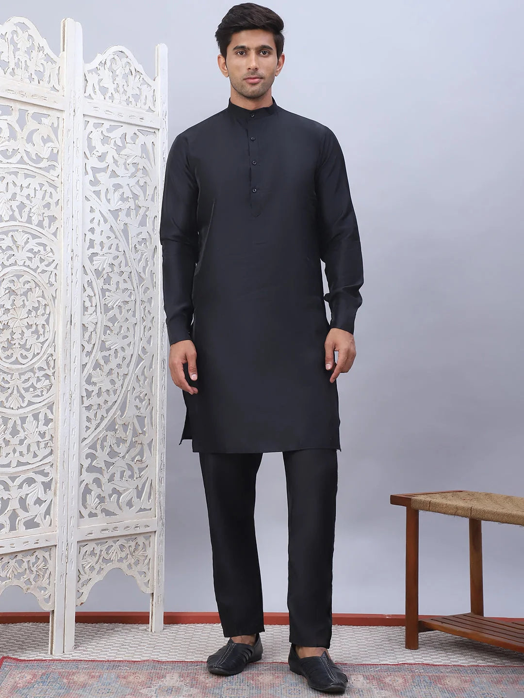 Black Embroidered Nehru Jacket Mens Kurta Pajama Set | Solid
