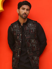Embroidered Velvet Nehru Jacket With Solid Kurta Pyjama ( JOKPWC 592B 4125 Black )