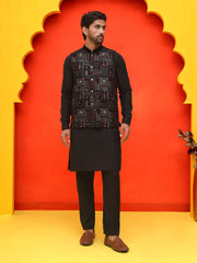 Embroidered Velvet Nehru Jacket With Solid Kurta Pyjama ( JOKPWC 592B 4125 Black )