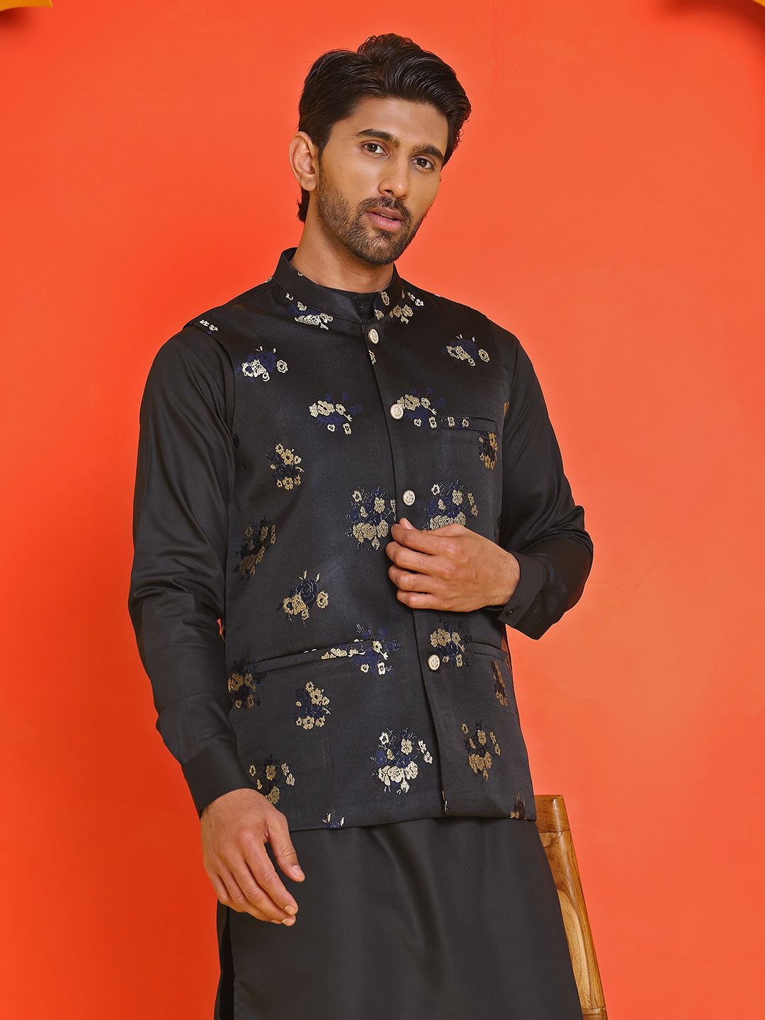 Embossed  Nehru Jacket With Solid Kurta Pyjama ( JOKPWC 592B 4130 Black )