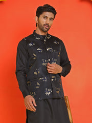 Embossed  Nehru Jacket With Solid Kurta Pyjama ( JOKPWC 592B 4130 Black )