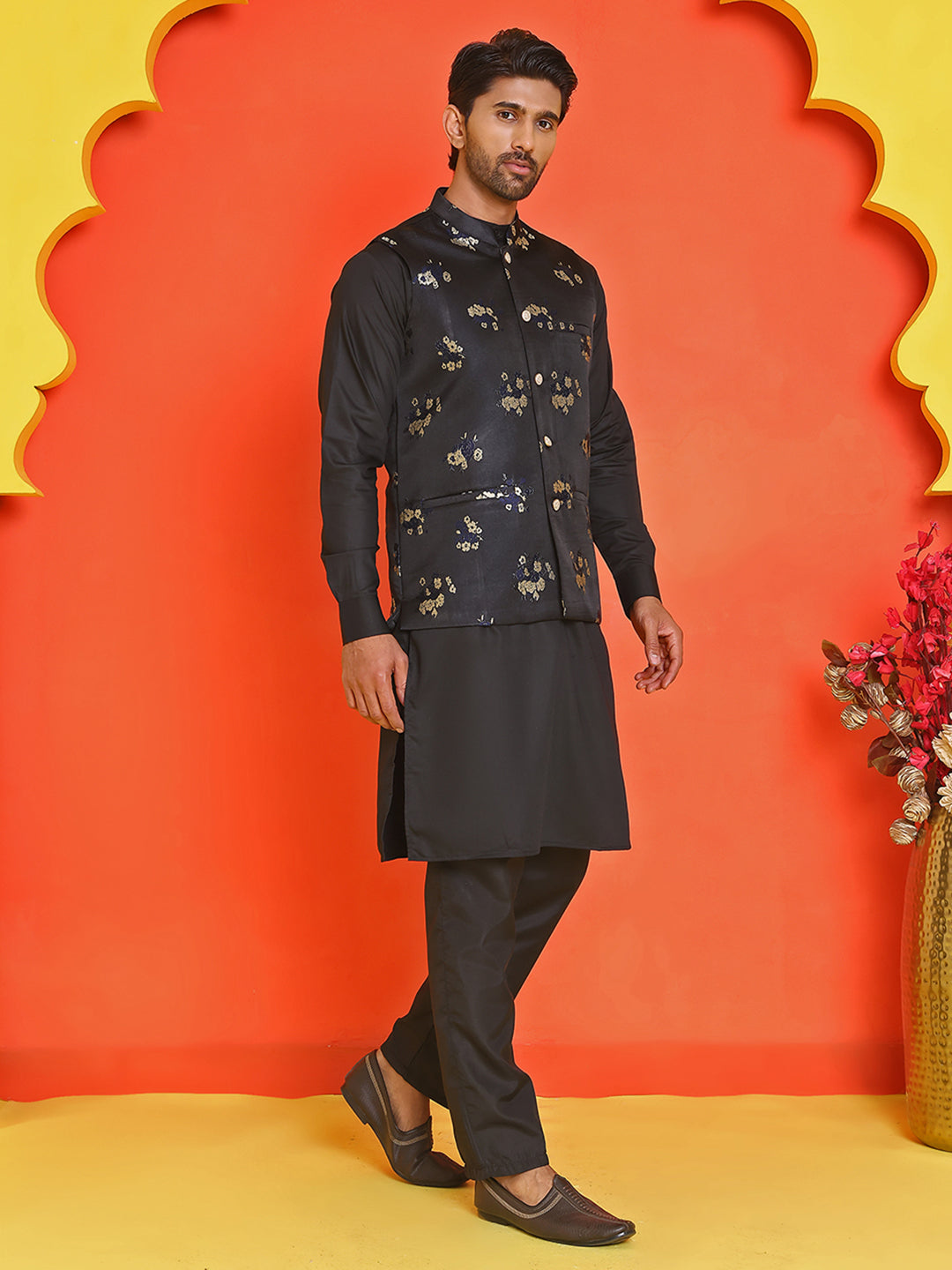 DesiQlo Men Self Design Nehru Jacket and Kurta Pyjama S - JOKPWC_592B_