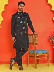 Embossed  Nehru Jacket With Solid Kurta Pyjama ( JOKPWC 592B 4130 Black )