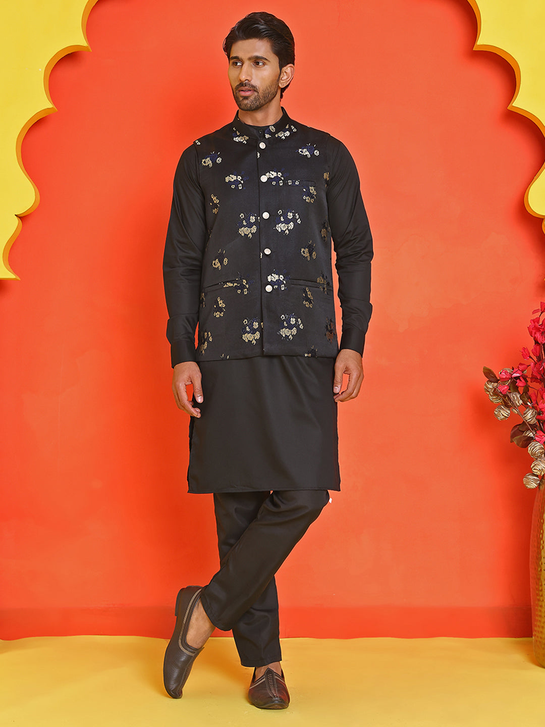DesiQlo Men Self Design Nehru Jacket and Kurta Pyjama S - JOKPWC_592B_