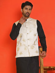 Embossed  Nehru Jacket With Solid Kurta Pyjama ( JOKPWC 592B 4130 Cream )