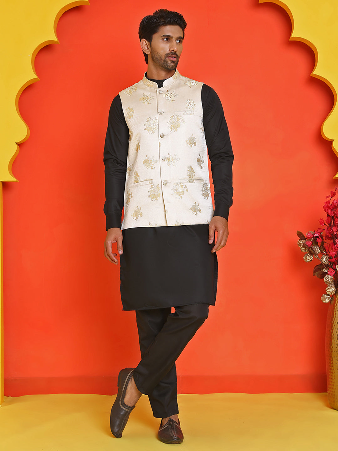 DesiQlo Men Self Design Nehru Jacket and Kurta Pyjama Set - Beige