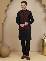Embossed Nehru Jacket with Solid Kurta Set for Men ( JOKPWC 592B 4133 Maroon )