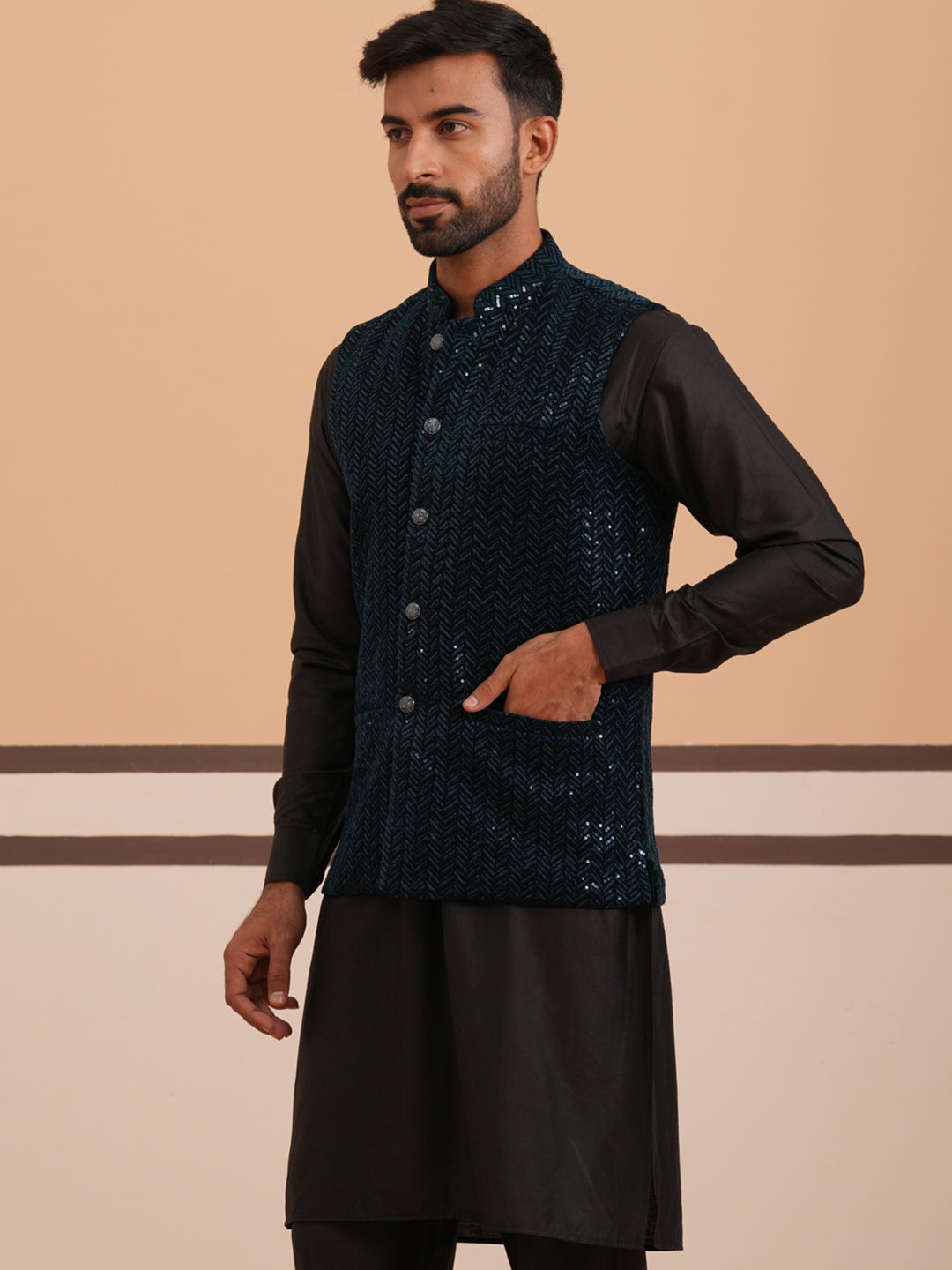 Luxury Velvet Nehru Jacket Paired with Solid Kurta Pyjama ( JOKPWC 592B 4144 B 4144Navy )