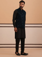 Luxury Velvet Nehru Jacket Paired with Solid Kurta Pyjama ( JOKPWC 592B 4144 B 4144Navy )
