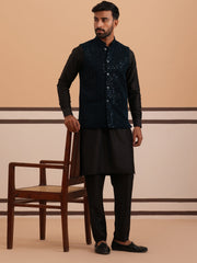 Luxury Velvet Nehru Jacket Paired with Solid Kurta Pyjama ( JOKPWC 592B 4144 B 4144Navy )
