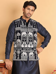 Men's Embroidered & Velvet Nehru Jacket With Solid Kurta Pyjama ( JOKPWC 592N 4119Navy )