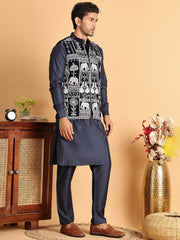 Men's Embroidered & Velvet Nehru Jacket With Solid Kurta Pyjama ( JOKPWC 592N 4119Navy )