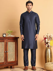 Men's Embroidered & Velvet Nehru Jacket With Solid Kurta Pyjama ( JOKPWC 592N 4119Navy )