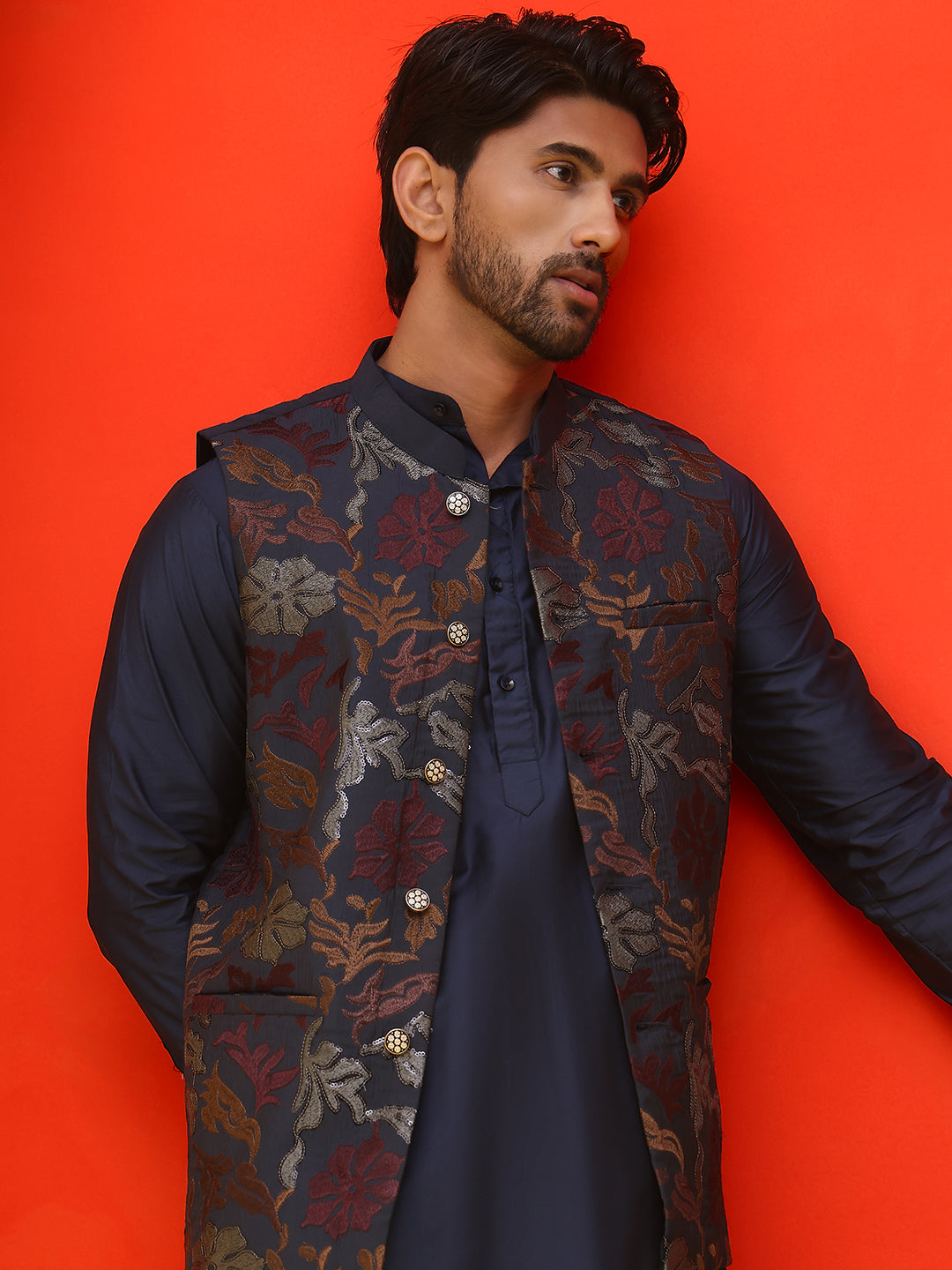 DesiQlo Men Embroidered Nehru Jacket and Kurta Pyjama S - JOKPWC_592N_