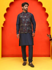 Embroidered Nehru Jacket With Solid Kurta Pyjama ( JOKPWC 592N 4127 Navy )