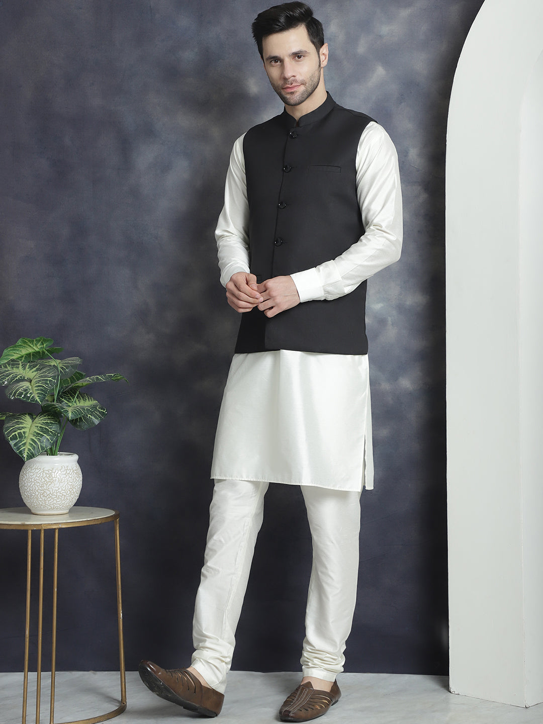 DesiQlo Men Solid Nehru Jacket and Kurta Pyjama Set - B - JOKPWC_592W_