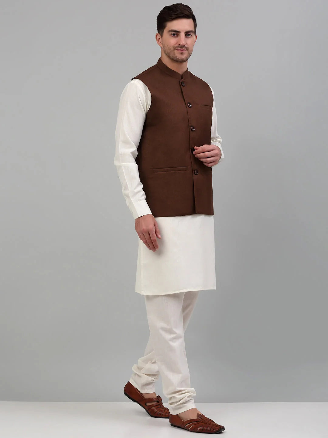 Men's Nehru Jacket & White Kurta Pajama Set - Ethnic Style