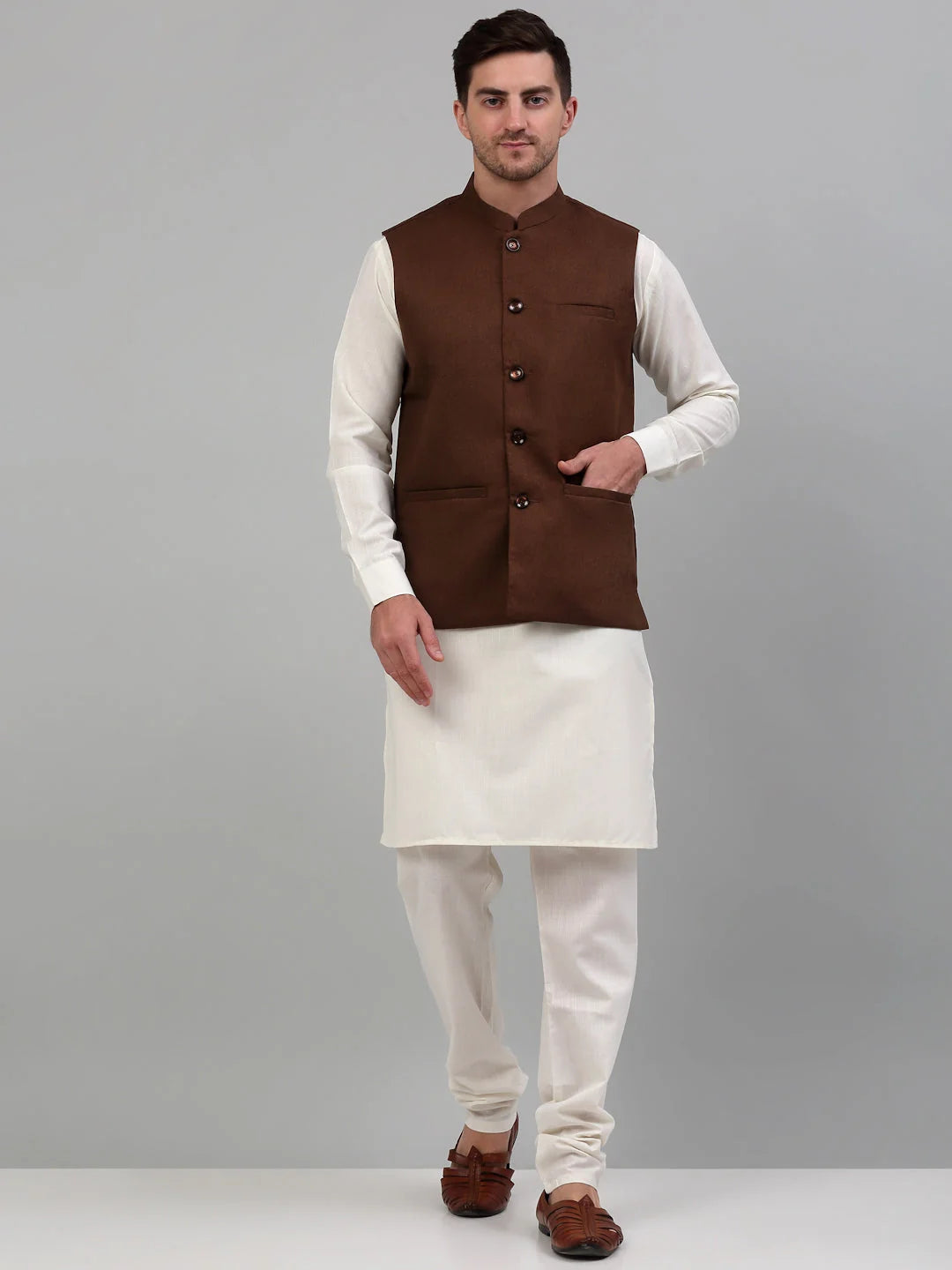 Men's Nehru Jacket & White Kurta Pajama Set - Ethnic Style