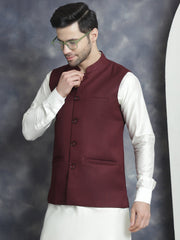 Men's Solid Nehru Jacket with White Kurta & Churidar ( JOKPWC 592W 4046Maroon )