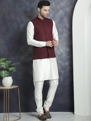 Men's Solid Nehru Jacket with White Kurta & Churidar ( JOKPWC 592W 4046Maroon )
