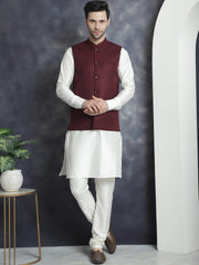 Men's Solid Nehru Jacket with White Kurta & Churidar ( JOKPWC 592W 4046Maroon )